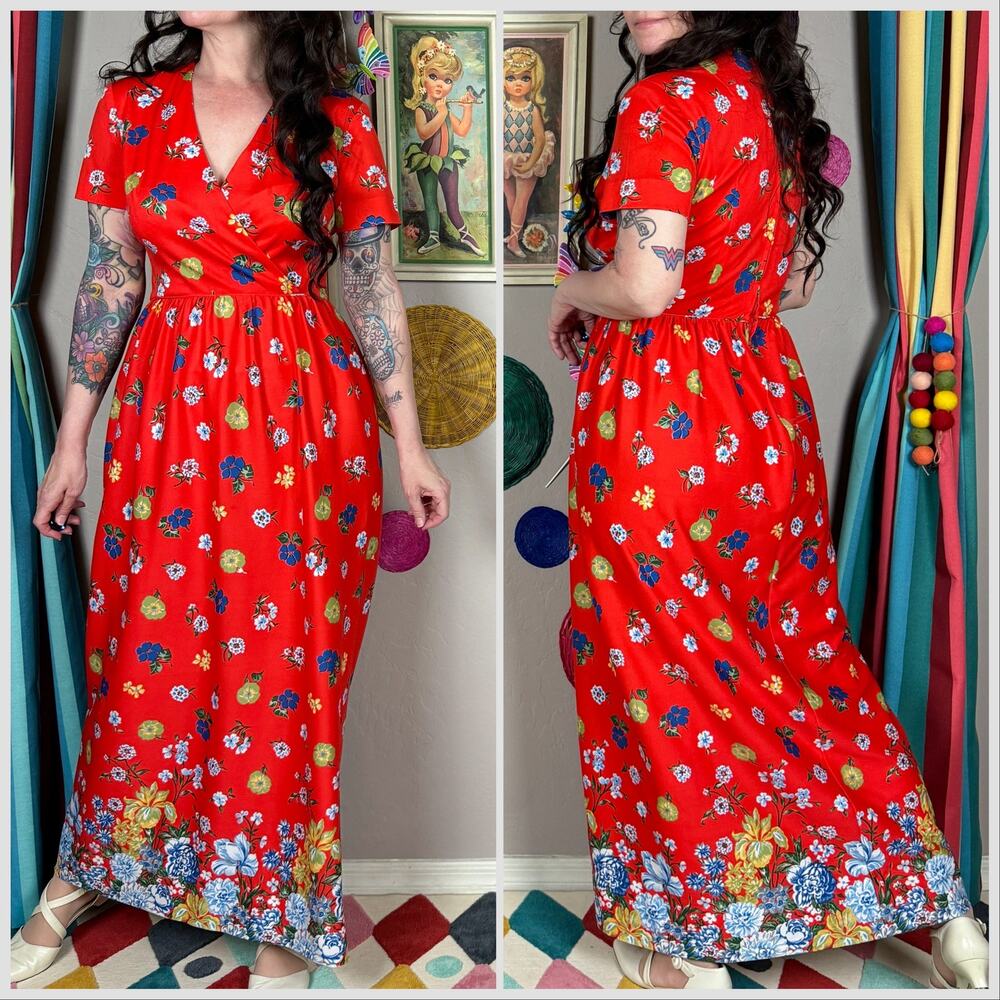 Vintage 1970s Red Floral Short Sleeve Maxi Dress - Picture 4 of 8